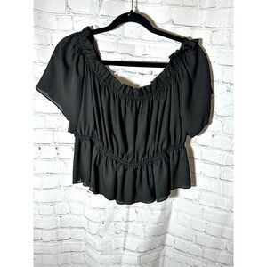 Shein Curve Womens 2XL Black Off Shoulder Peplum Blouse Ruffle Chiffon Top